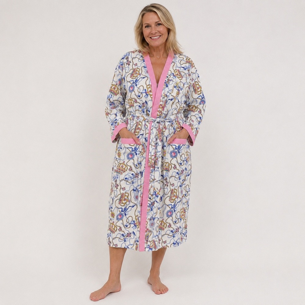 BedHead Pajamas Robe Crown Chain Print M/L White Pink Cotton